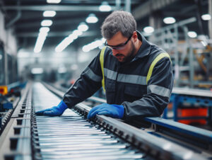 A diligent male engineer in a factory inspects a conveyor belt machine, wearing a uniform and safety gloves.