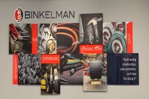 Binkelman graphics with words describing their culture- integrity, fun, dependable, winning team, and safe